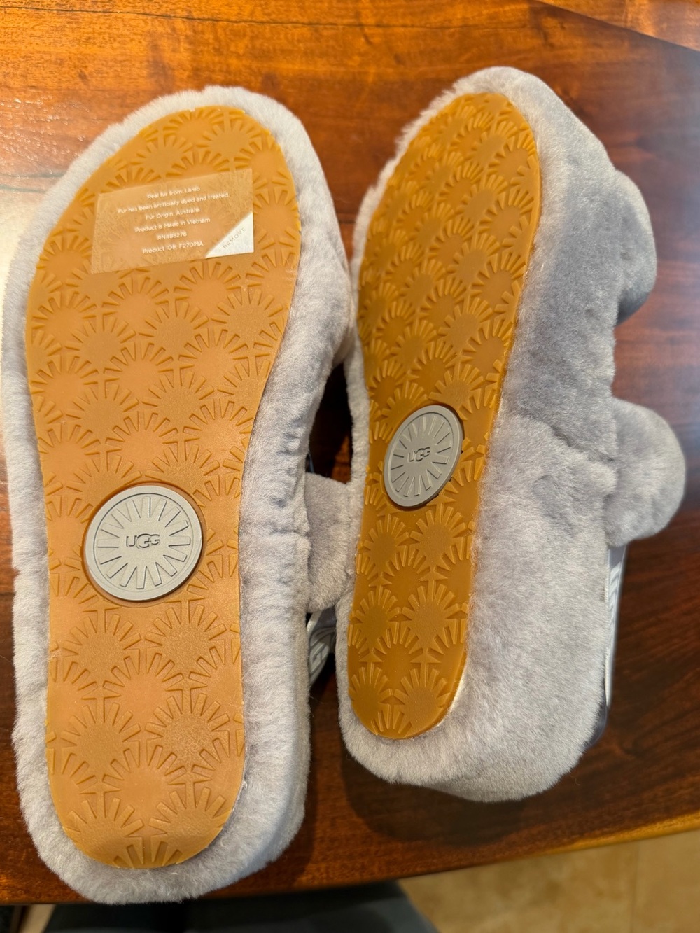 UGG Light Gray Fluff Slide Sandals with Branded Heel Strap - Picture 3 of 3